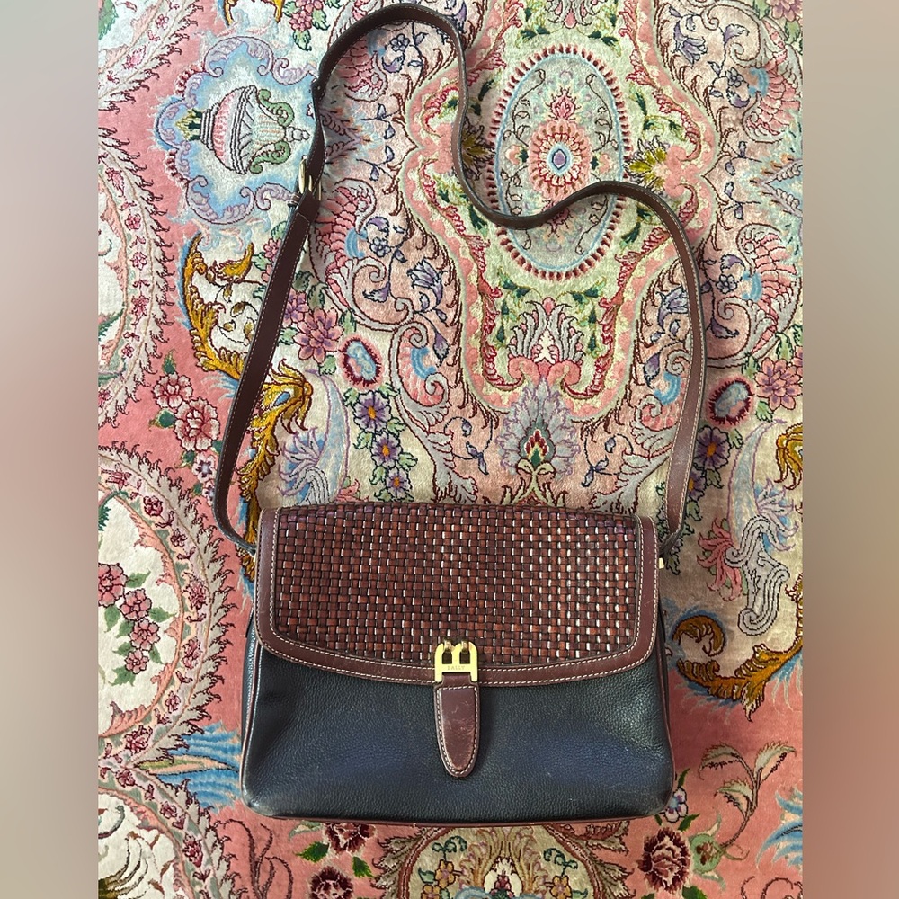 Bally Black and Woven Brown Leather Crossbody Bag with Gold Hardware